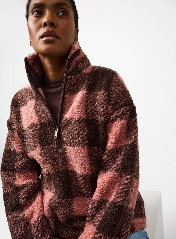 Dark Pink Check Quarter Zip Borg Fleece  M